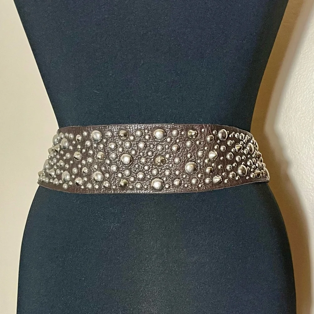 Calleen Cordero Leather Belt Silver Studded Wide Brass Buckle Y2K 32 Designer